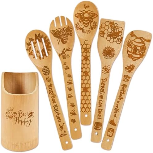 6 PCS Bee Wooden Cooking Bamboo Spoons Set,Bumble Bee Kitchen Utensil