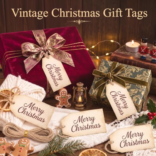 Fullhawl 50 Pcs Vintage Merry Christmas Tags with String