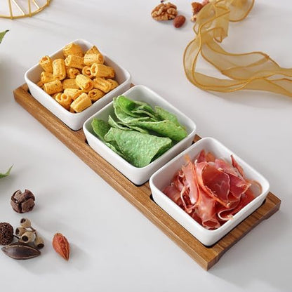 3 Pack Chip & Dip Serving Set with Wooden Tray, Oven Safe Bowls for