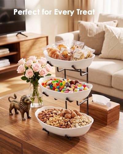 3 Tier Ceramic Fruit Bowl for Kitchen Counter, Fruit Basket with Stand