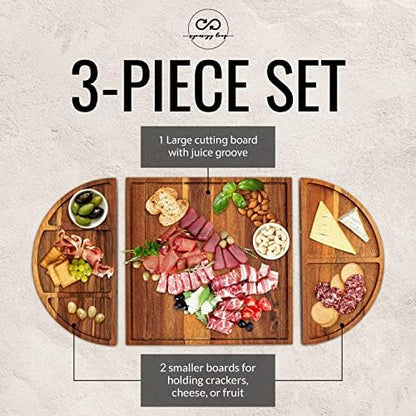 Large Charcuterie Board Set - 3 Part Unique Long & Round - Magnetic