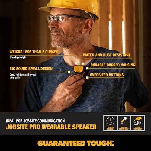 DEWALT Mini Wearable Bluetooth Speaker, Clip-On Jobsite Pro (Yellow)