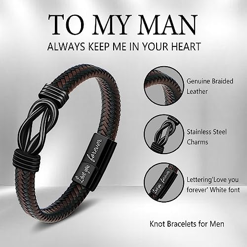 Knot Bracelet Gifts for Men, Leather Stainless Steel Knot Mens