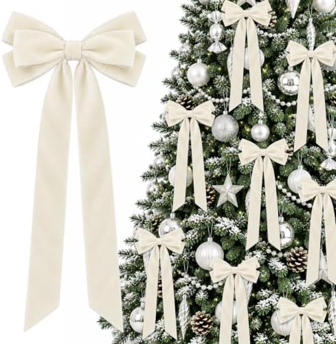 JOICEE 12Pcs Beige Velvet Bows Ornaments for Christmas Tree Decor