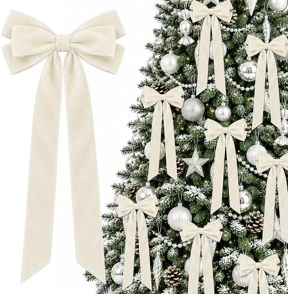 JOICEE 12Pcs Beige Velvet Bows Ornaments for Christmas Tree Decor