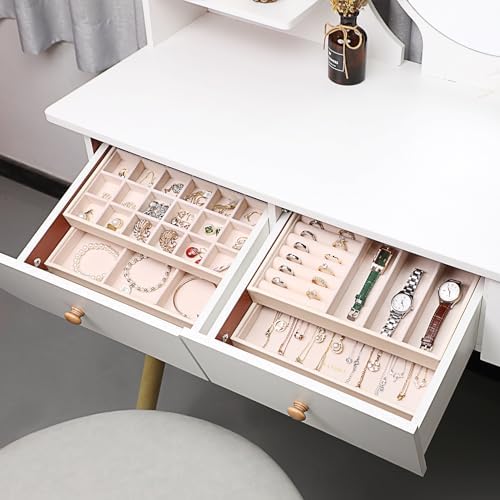 LANDICI 4-Piece Stackable PU Leather Jewelry Organizer Trays, Apricot