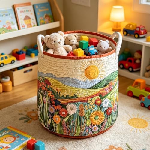 Quilted Sun Mountain Wildflower Round Fabric Storage Bin(22×16in)