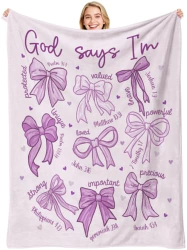 Purple Bow Christian Throw Blanket, Religious Flannel Blanket Gift