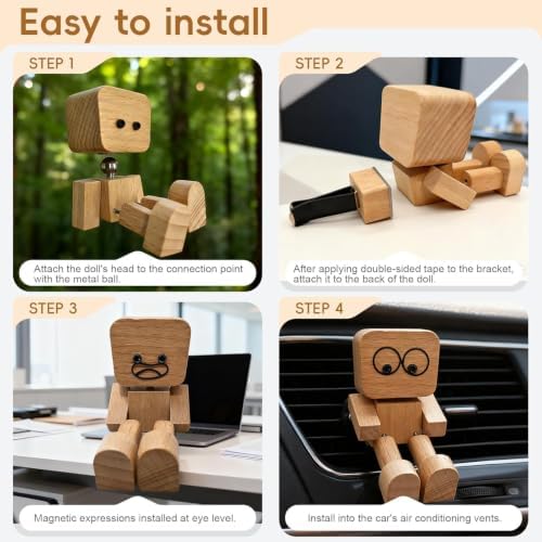 Shaking Leg Wooden Man Figurine with 12 Expression Accessories for Car