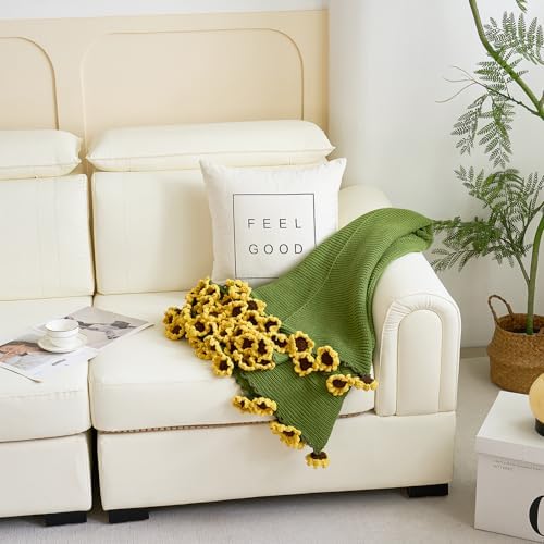 Longhui bedding Crochet Flower Bouquet Throw Blanket, Handmade Knitted