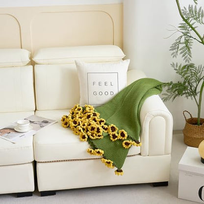 Longhui bedding Crochet Flower Bouquet Throw Blanket, Handmade Knitted