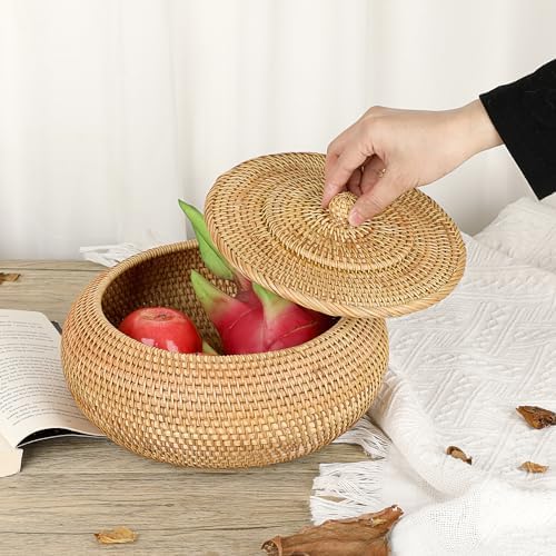 Hipiwe Round Rattan Boxes with Lid Natural Woven Picnic Storage Basket