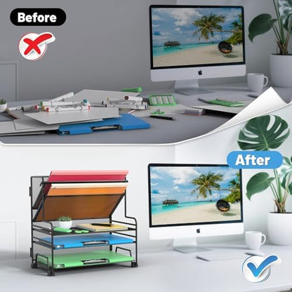 Desk File Organizer, 3-Tier Letter Tray Paper Organizer and 2-Pocket