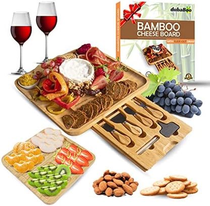 Cheese Board Natural Bamboo Platter with Knife and Forks Set with