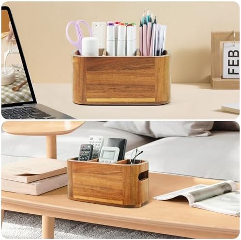 Acacia Pencil Pen Holder for Desk, Wooden Office Organizer with 3