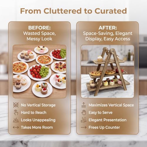 3 Tier Serving Tray Wood Tiered Cupcake Stand, Large Collapsible Food