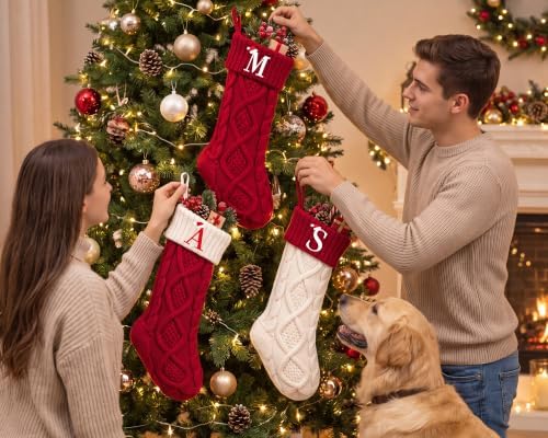 Edoneery Christmas Stockings with Initials, 18 Inch Knit Fireplace