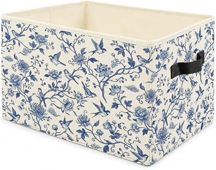 Chinoiserie Floral Bird Storage Bins with Handles, Blue and White