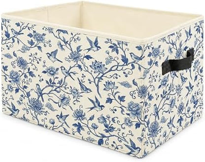 Chinoiserie Floral Bird Storage Bins with Handles, Blue and White