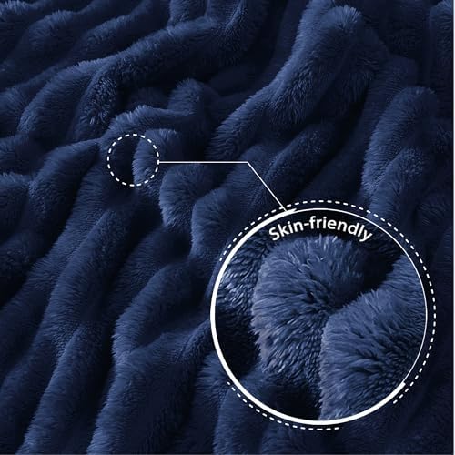 Exclusivo Mezcla Striped Fleece Throw Blanket for Couch, Sofa, Navy