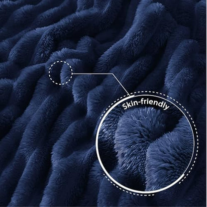 Exclusivo Mezcla Striped Fleece Throw Blanket for Couch, Sofa, Navy