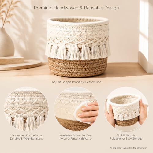 2Pcs Boho Macrame Cotton Woven Storage Baskets 3.93 Inch Foldable Mini