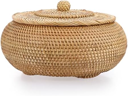 Hipiwe Round Rattan Boxes with Lid Natural Woven Picnic Storage Basket