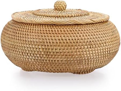 Hipiwe Round Rattan Boxes with Lid Natural Woven Picnic Storage Basket