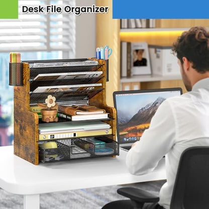 DAOUTIME 6-Tier Mesh Desk Organizer with Drawer, Wooden Office