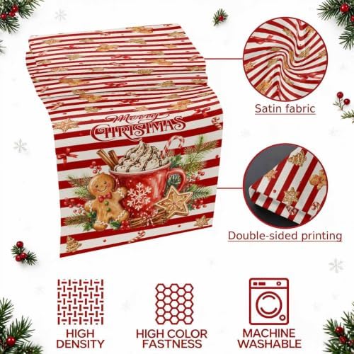 Merry Christmas Bed Runner Scarf Twin Size, Xmas Cocoa Mug Gingerbread