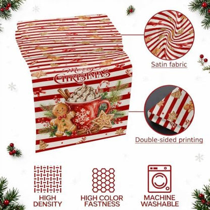 Merry Christmas Bed Runner Scarf Twin Size, Xmas Cocoa Mug Gingerbread