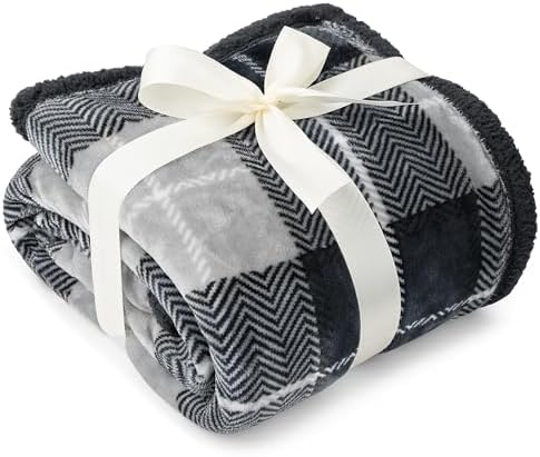 PAVILIA Plaid Sherpa Throw Blanket for Couch Sofa Bed, Dark Grey