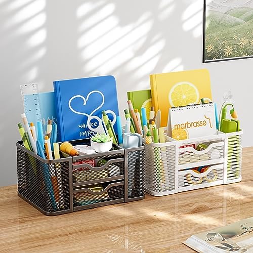 Marbrasse Mesh Desk Organizer, Pen Organizer with 2 Drawer