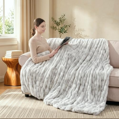 Touchat Ruched Rabbit Faux Fur Throw Blanket,Fluffy Soft Cozy,Tie-dye