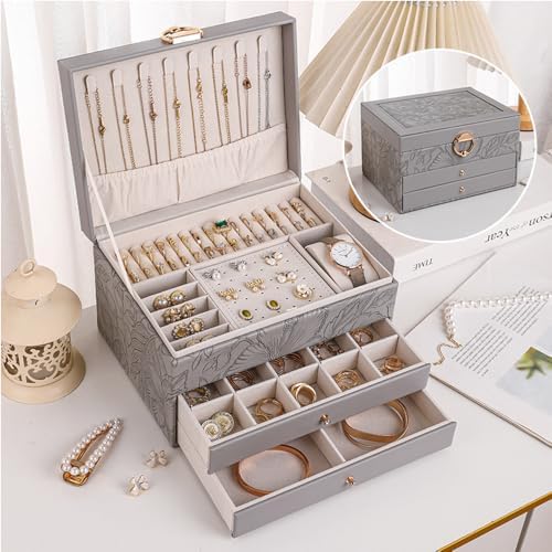 TOFUNTOY Jewelry Organizer Box, Large Jewelry Boxes for Women, 3-Layer