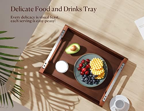 Acacia Wood Serving Tray with Metal Handle, 17x13in Tray for Ottoman