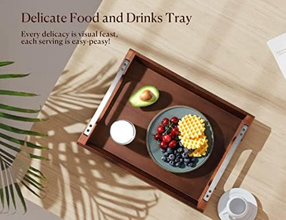 Acacia Wood Serving Tray with Metal Handle, 17x13in Tray for Ottoman