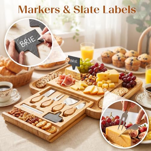 Bamboo Charcuterie Board Set, 13 Inch Cheese Board with Knives, Sauce