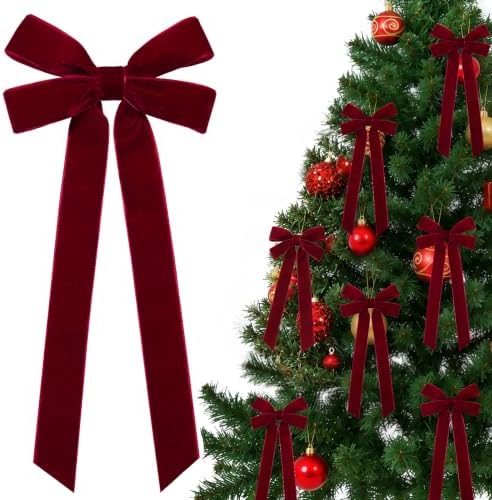 Mauproy 12 Pcs Burgundy Velvet Bows for Christmas Tree, 5” x 10”