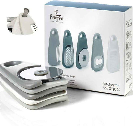 PortoFino Kitchen Gadgets Set 5 Pieces, Includes Pizza Cutter, Cheese Grater, Vegetable Peeler, Bottle Opener, Garlic Grinder, RV Kitchen Accessories, Space Saving Design, Dishwasher Safe