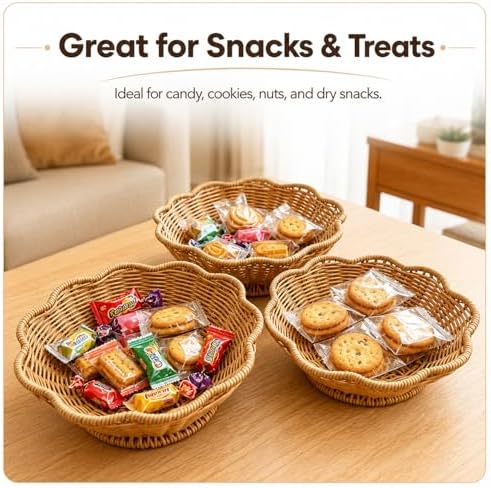 Faux Rattan Fruit Basket Tray, PP Handwoven Decorative Bowl for
