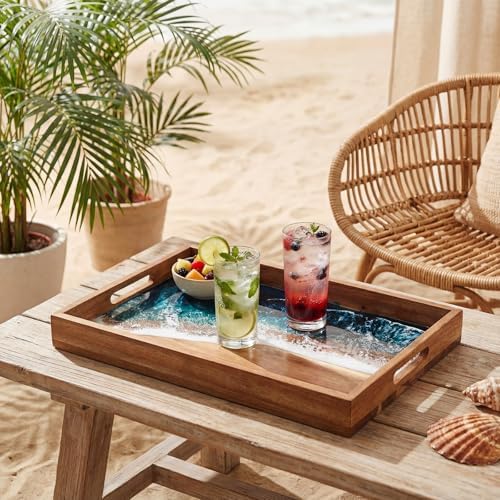 Novabright Rectangular Acacia Wood Serving Tray with Ocean Resin Art