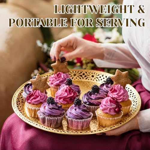 10 Pack Gold Plastic Serving Tray Bulk Lightweight Round Party Snack
