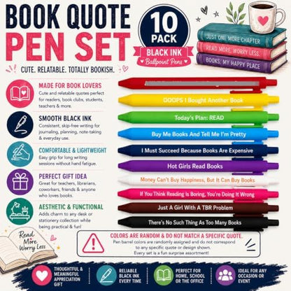 10PC Cute Book Themed Reading Pen Set Ballpoint Writing Pens Booktok