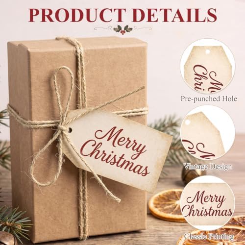 Fullhawl 50 Pcs Vintage Merry Christmas Tags with String