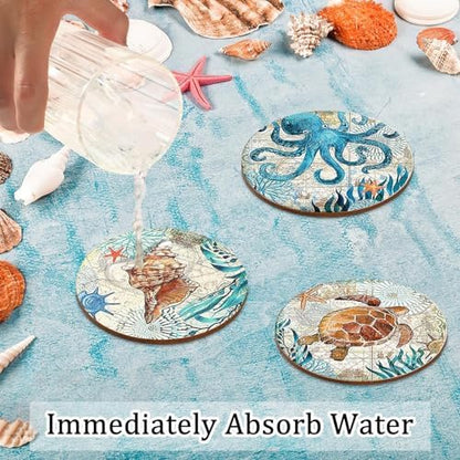 UPINS 8 Pieces Wooden Coasters for Drinks,Coastal Decor Ocean Beach