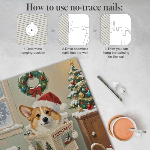 STHTTSW Christmas Dog Bathroom Wall Art, Cute Corgi on Toilet Canvas
