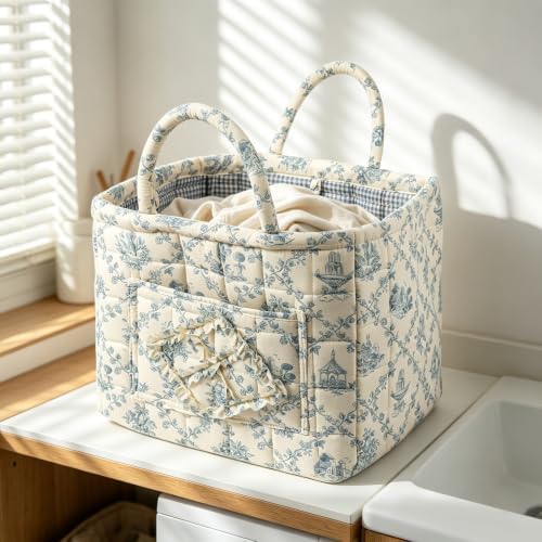 Quilted Fabric Storage Baskets with Handles | Boho Floral Organizer