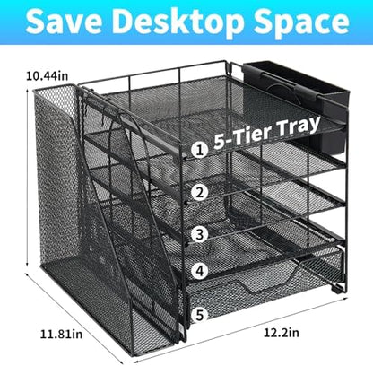5-Tier Desk File Organizer with Drawer & Pen Holder (Black)