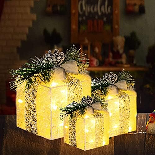 Hourleey Set of 3 Christmas Lighted Gift Boxes, Pre-lit 60 LED Light